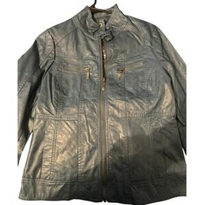 New Montana Co Size Small Faux Leather Jacket Shimmery Blue Mock Neck Biker Moto